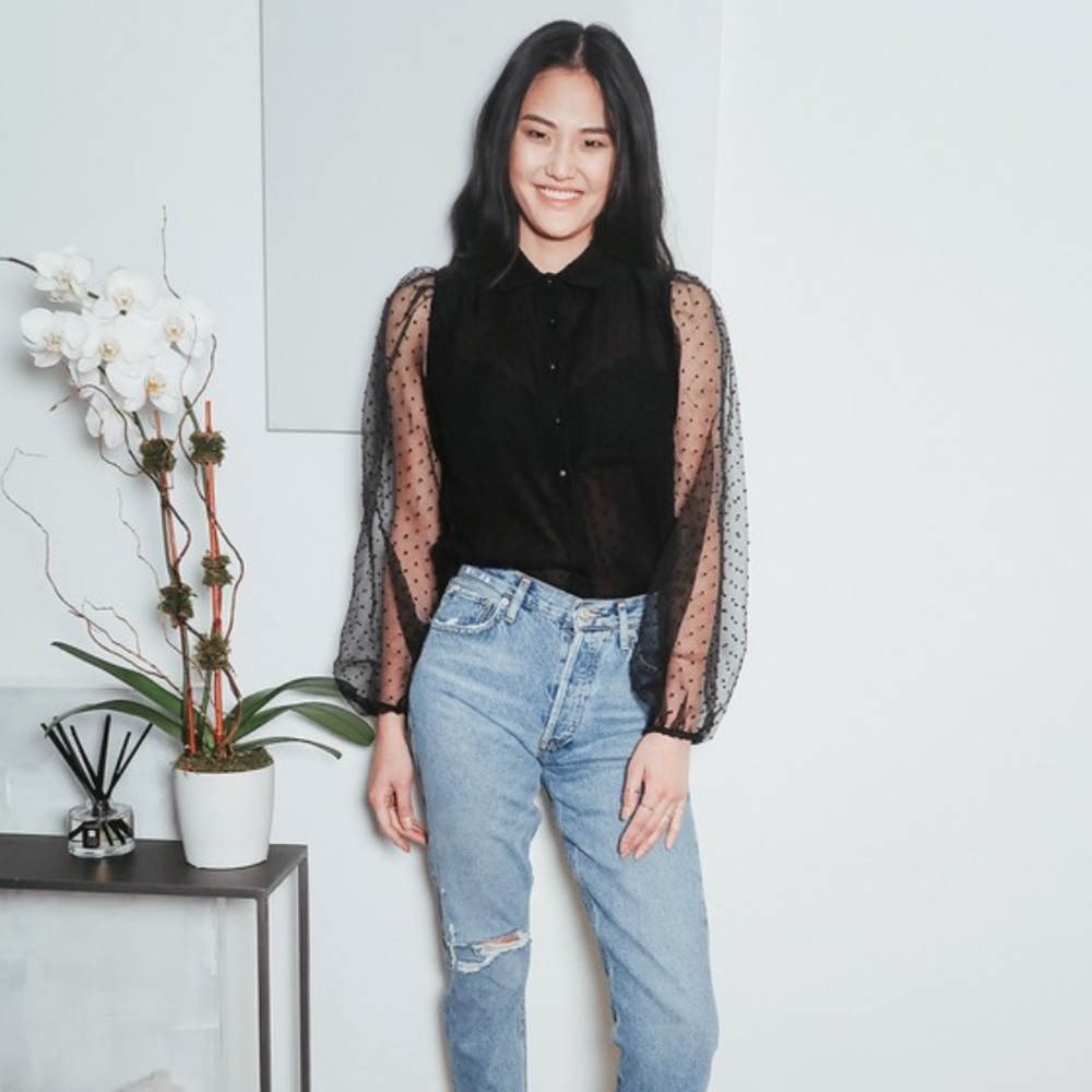Swiss Dot Button-Up Ballon Sleeve Top
